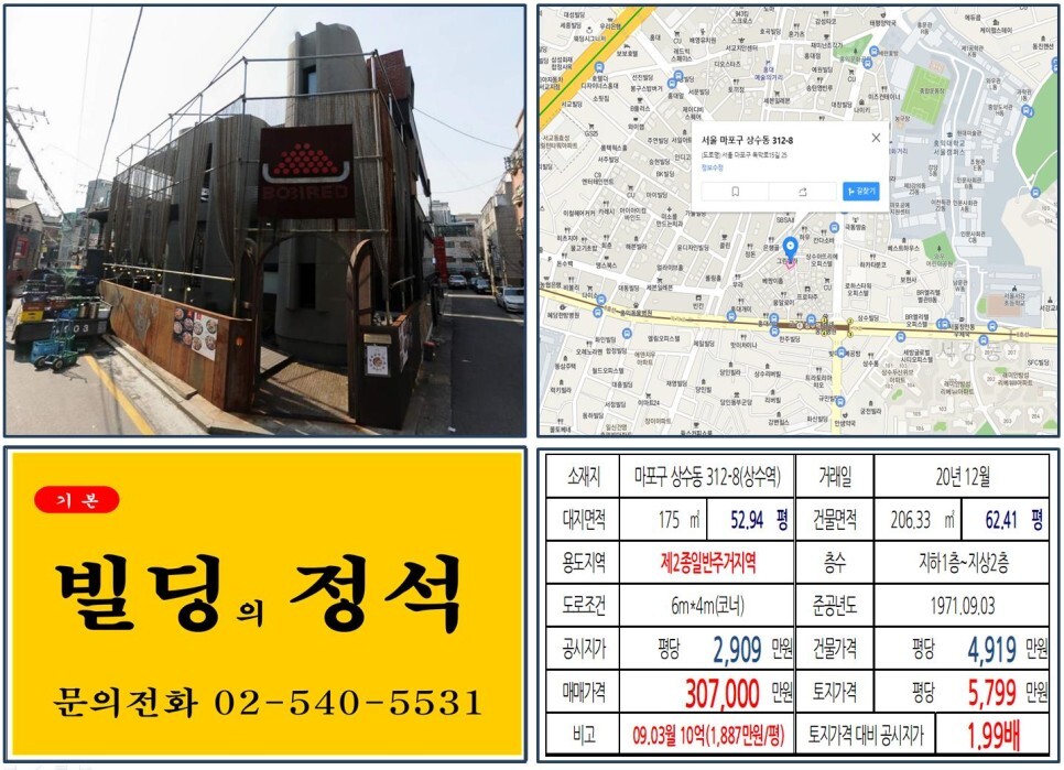  [마포구 상수동 카페거리 30억 꼬마빌딩 실거래가 조회] 상수동 312-8 (상수역) 30.7억 원, 평당 5,799만 원 매매되었습니다. 당인