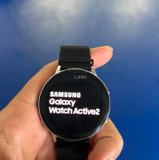삼성전자 갤럭시 와치 액티브2 전원을 부팅중에 나오는 액정화면이다. 액정화면에는 SAMSUNG GALAXY WATCH ACTIVE2라고 적혀있다.
