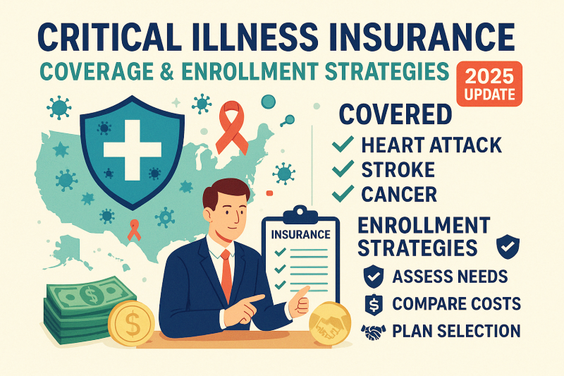 Illustration of critical illness insurance coverage in the U.S. with a businessperson pointing at insurance options, highlighting heart attack, stroke, and cancer coverage with enrollment strategies