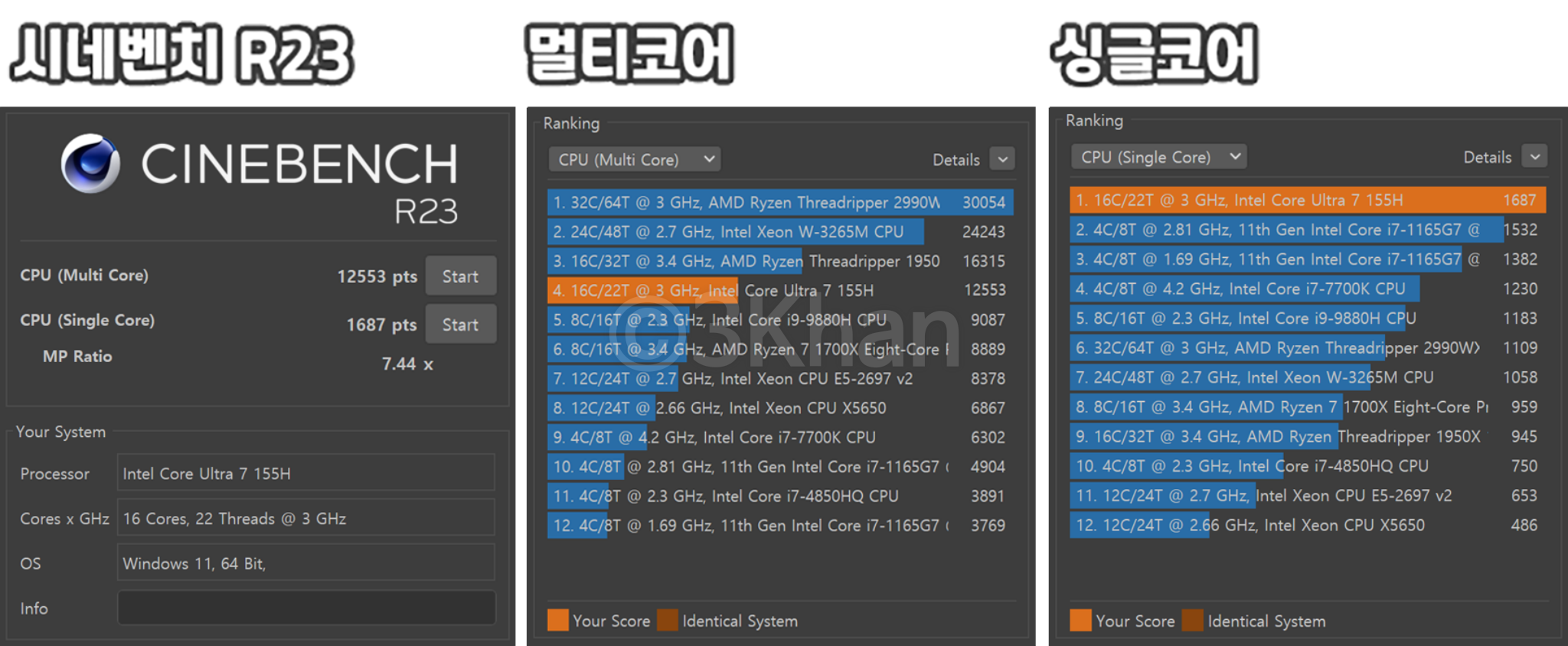 코어 울트라 7 155H 시네벤치 결과