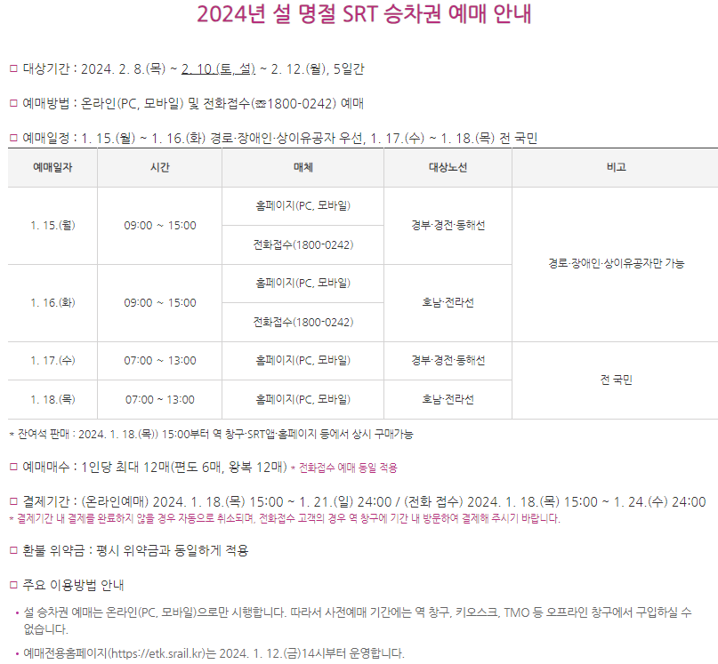 2024 설날 SRT 기차표 예매 일정