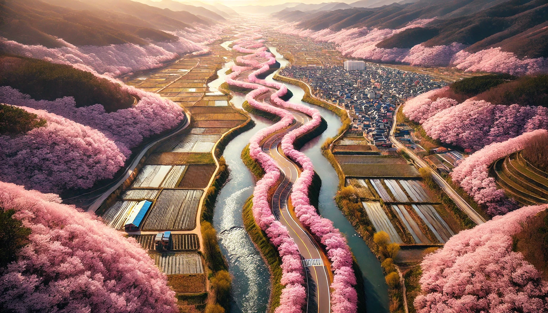 보은 벚꽃길 &ndash; 하늘에서 본 벚꽃의 물결 