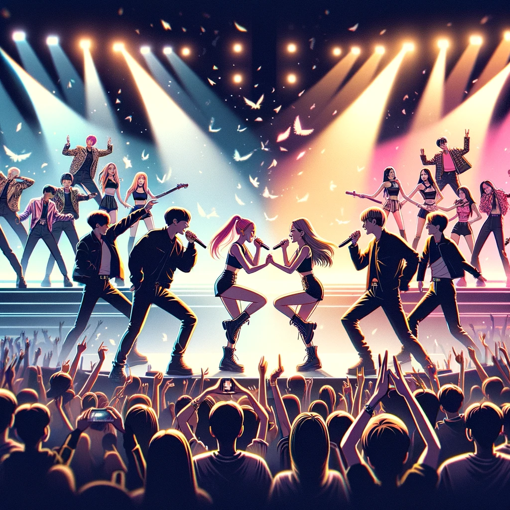 animated style image depicting a joint concert performance by BTS and BLACKPINK.