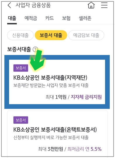 완도군-개인사업자대출-step4-KB소상공인보증서대출-메뉴선택