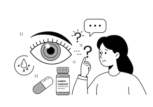 심플한 그래픽 일러스트 스타일로 그린&amp;#44; 루테인 효과에 대해 궁금해하며 기대하는 사람과 물음표 아이콘