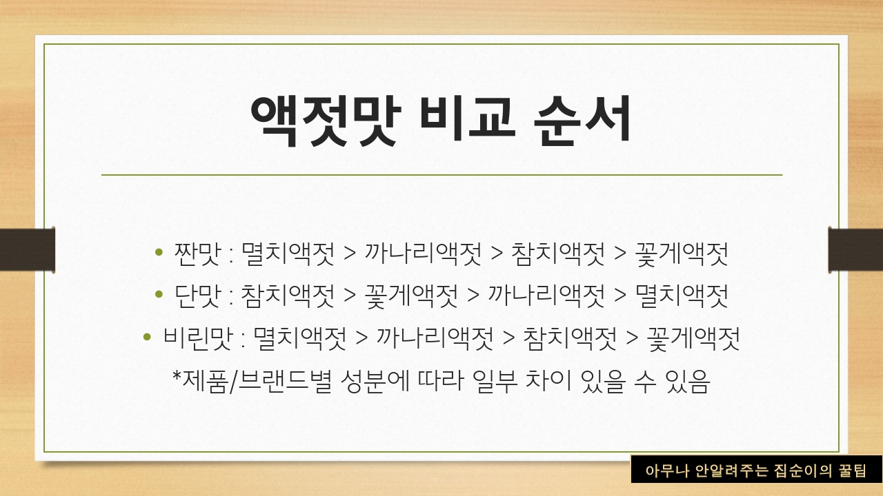 액젓별 짠맛, 단맛, 비린맛 순서 안내