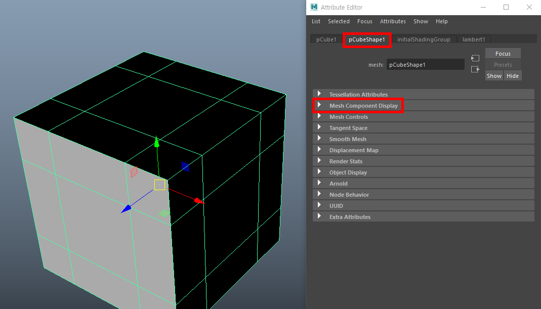 오브젝트와 Attribute Editor 창 이미지