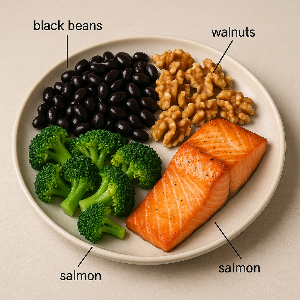 a healthy Korean meal with black beans, walnuts, salmon, and broccoli