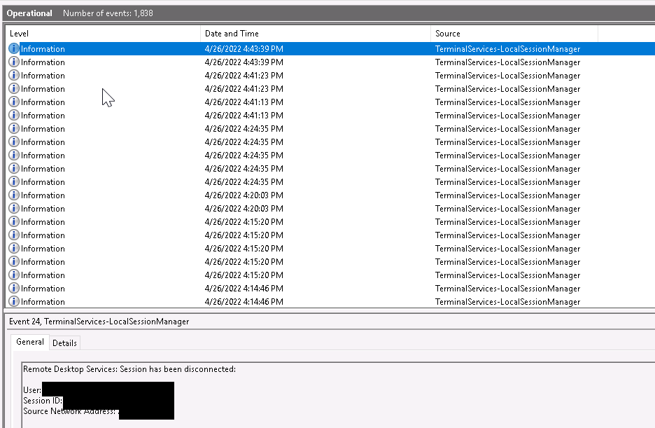 Windows Server Event Viewer RDP 로그온 기록 확인