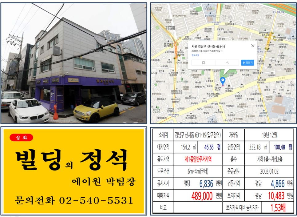  [강남구 도산공원 앞 꼬마빌딩 실거래가 조회] 신사동 631-19 (압구정역) 48.9억 원, 평당 10,483만 원, 도산대로 꼬마빌딩, 신사위례선 호재지역, 압구정역 꼬마빌딩