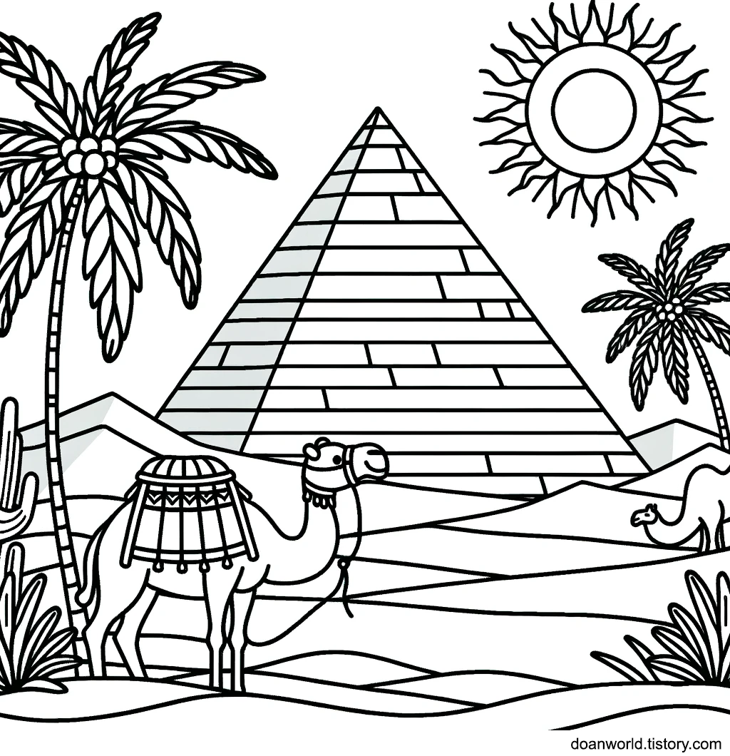 피라미드 사막 낙타 색칠공부 도안