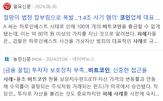 비트코인 피해 사례 관련 기사들