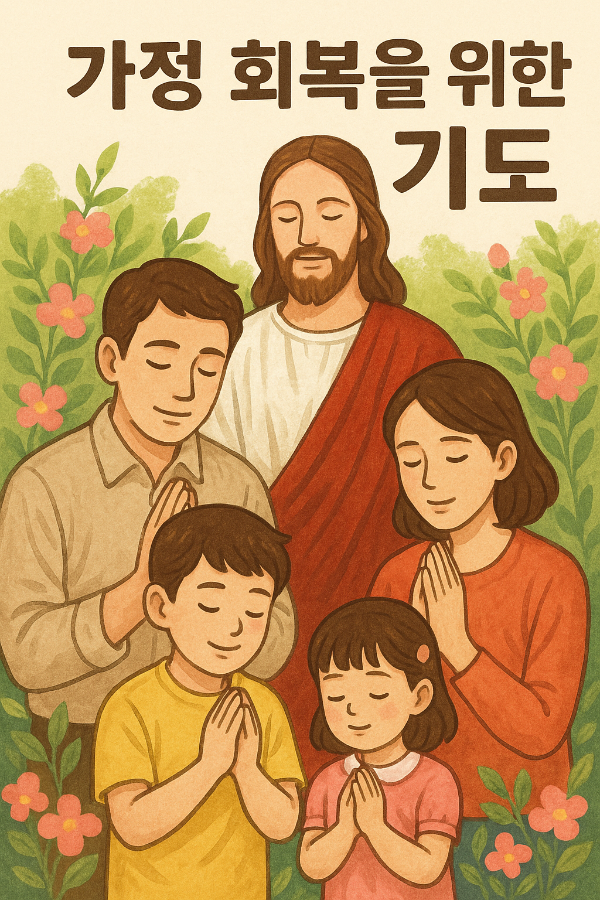 가족이 함께 기도하는 있는 가운데 예수님이 가운데 함께 하시는 이미지
