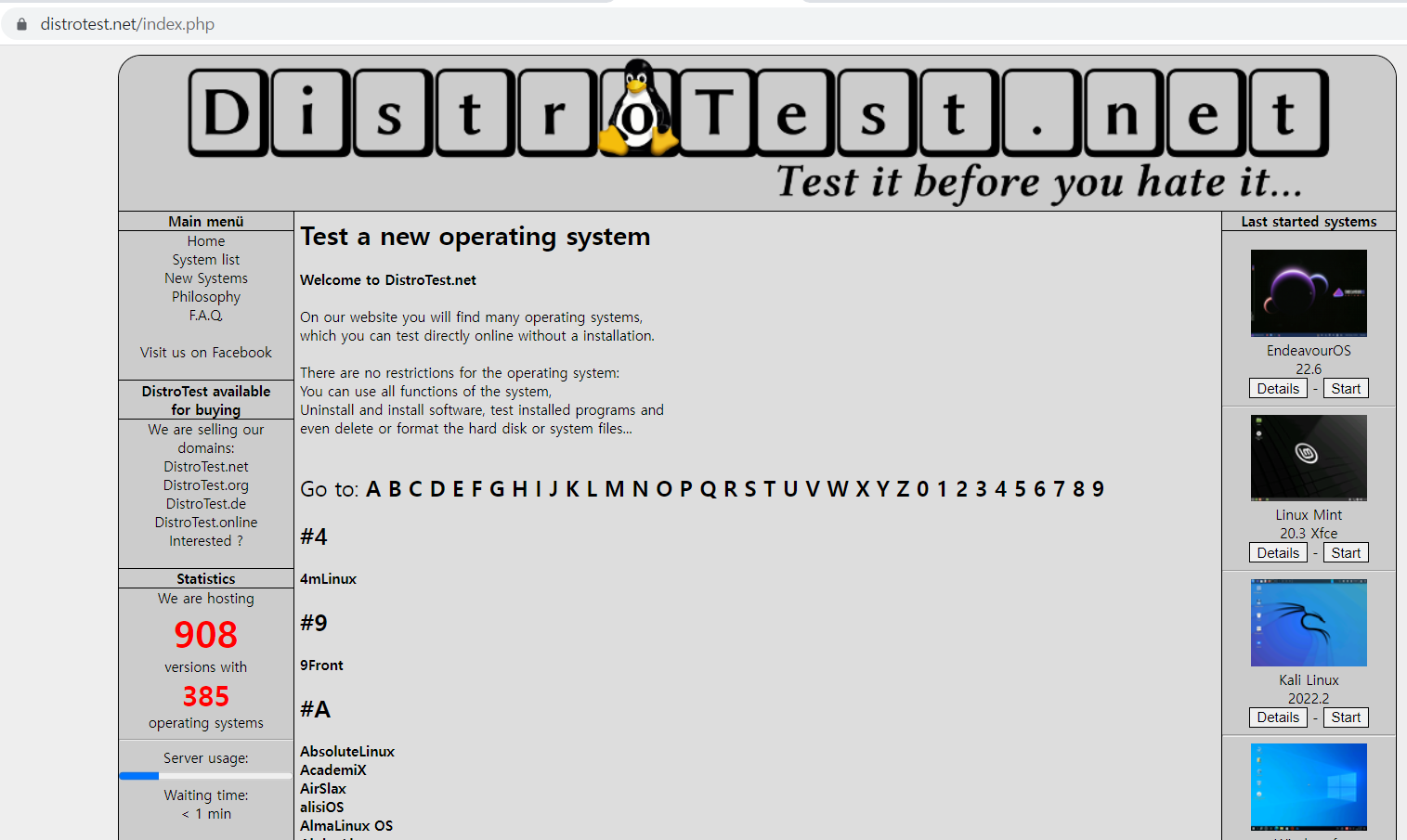 DistroTest.net 사이트 화면