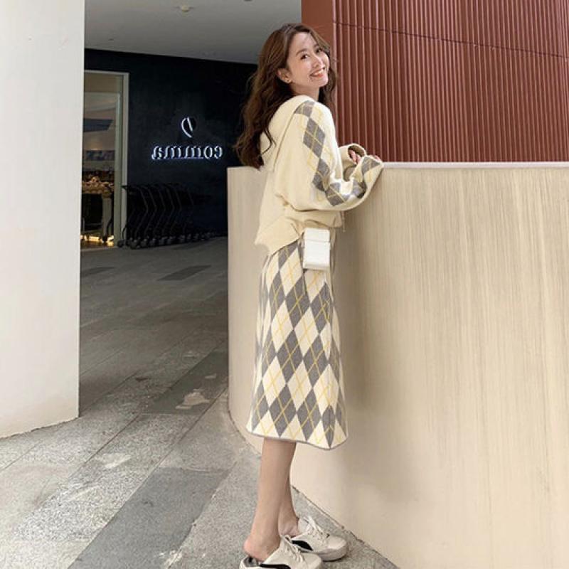이쁘다 아가일 니트 후드 스커트 SET
