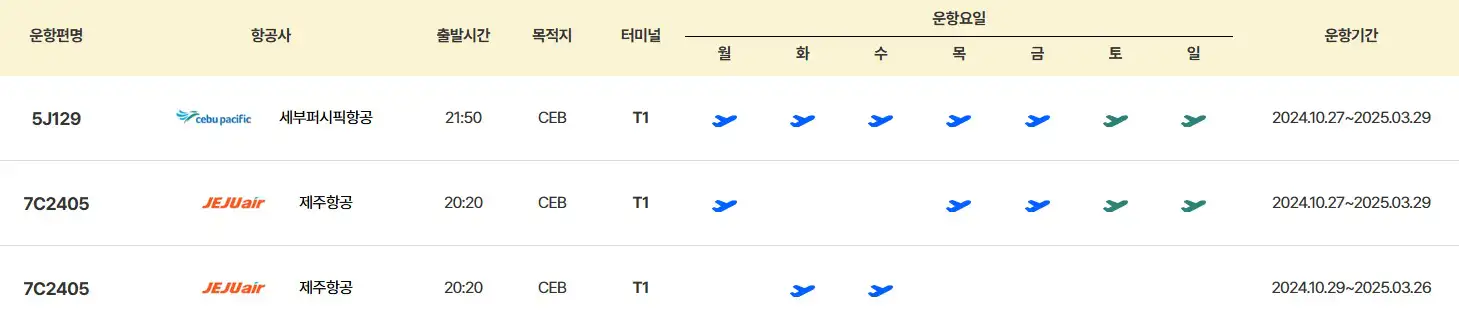 인천 세부 항공권 시간표