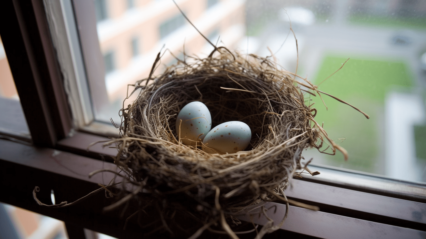 A bird&#39;s nest located on the veranda of the apartment.