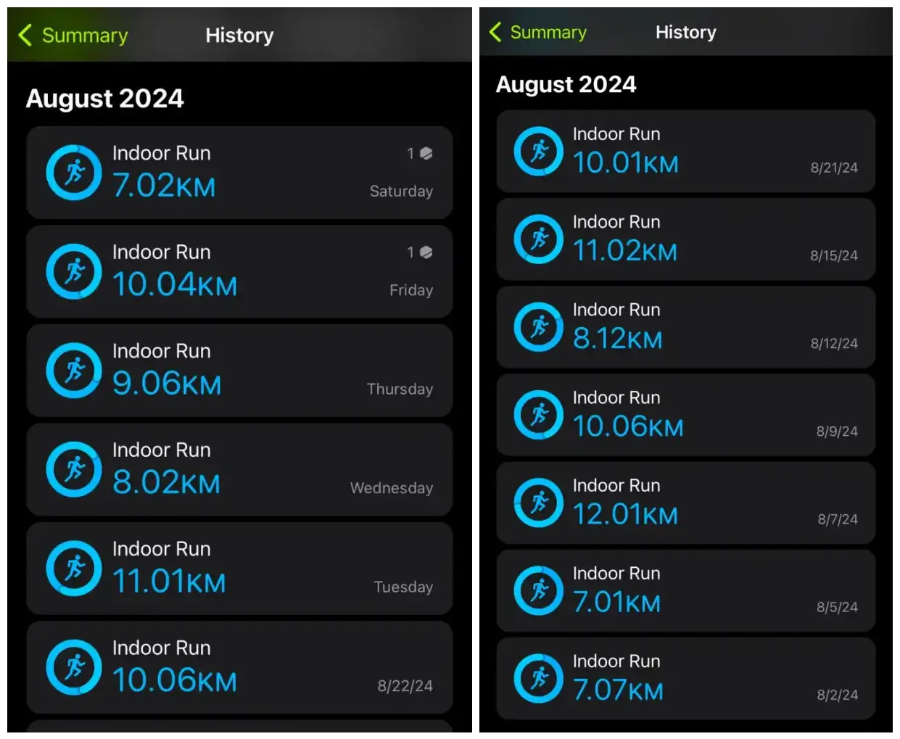 아이폰 피트니스 앱, 2024년 8월 달리기 내역