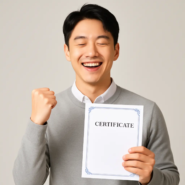 자격증을 손에 들고 환하게 웃고 있는 청년 남성의 텍스트 없는 인물 이미지