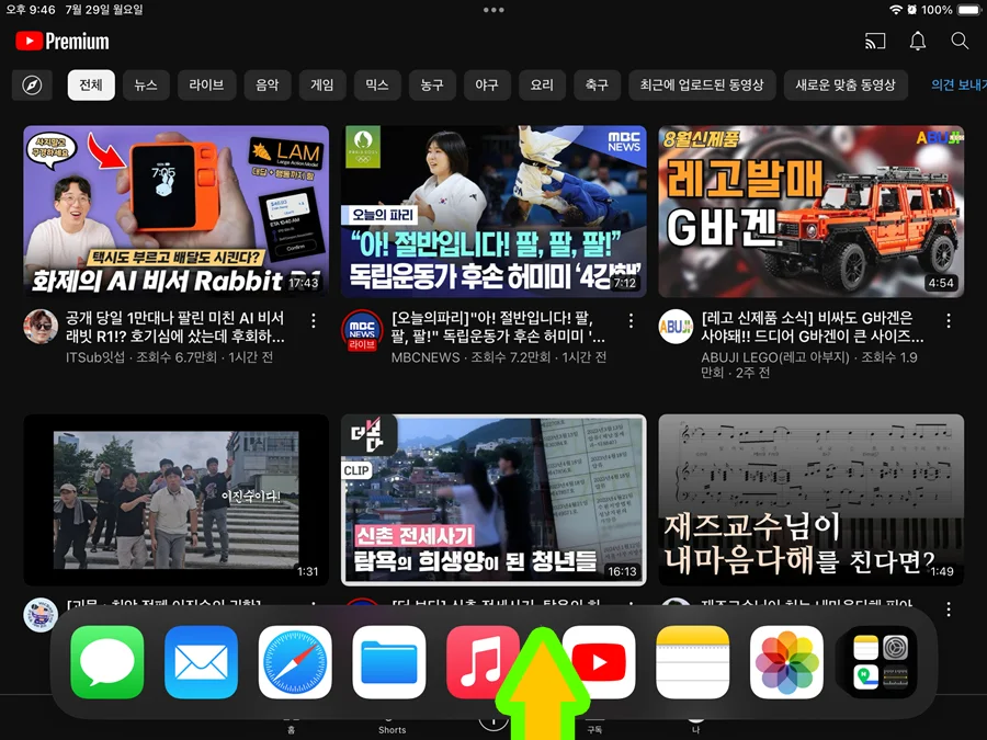 아이패드 유튜브 앱을 실행 중에 아래에서 슬라이드 해서 독을 화면에 나타낸 모습