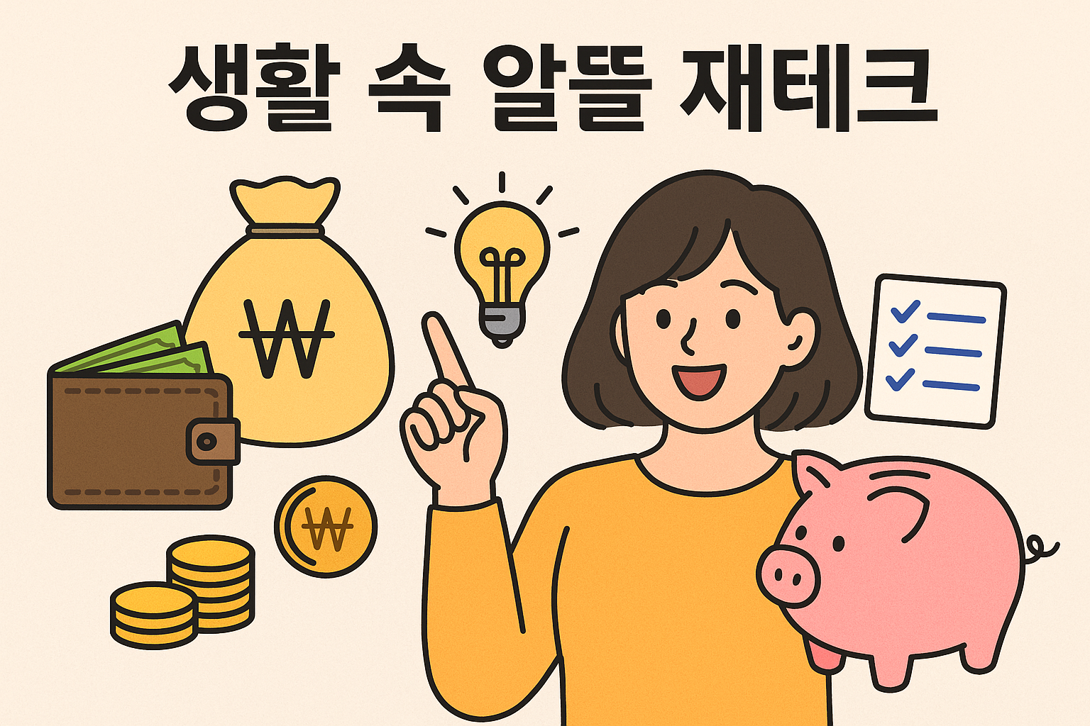 밝고 따뜻한 색감의 2D 일러스트로, 알뜰 재테크를 실천하는 여성이 등장합니다. 여성은 한 손에는 돋보기를 들고 돈이 들어 있는 저금통을 바라보며, 다른 손으로는 계산기를 누르고 있습니다. 주변에는 저축, 가계부, 할인 쿠폰, 스마트폰 등 재테크와 관련된 아이콘들이 떠 있으며, 이미지 전체가 생활 속 절약과 똑똑한 소비를 상징적으로 표현하고 있습니다.
