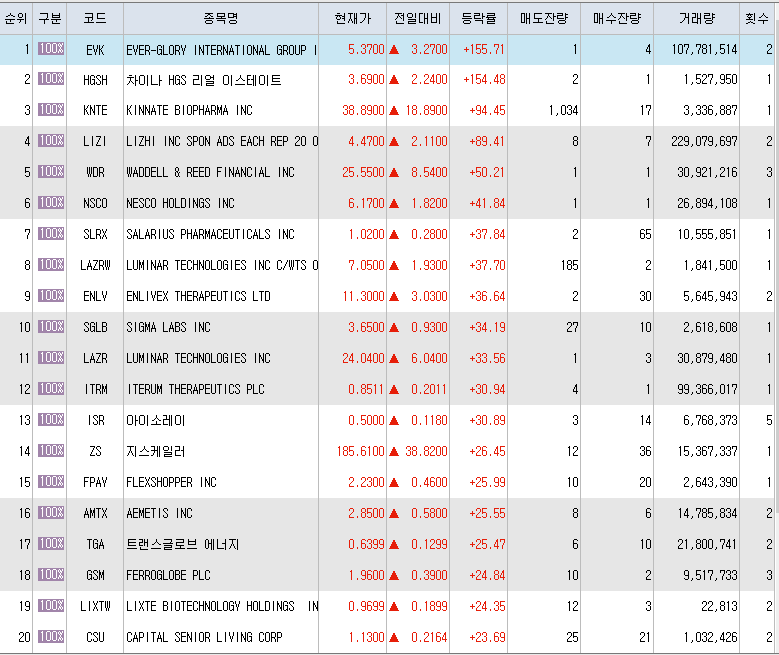  12월3일 미국주식 상승률 상위 종목 TOP 200