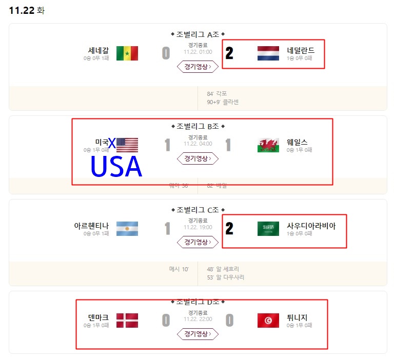 2022카타르월드컵-11월22일-리그결과