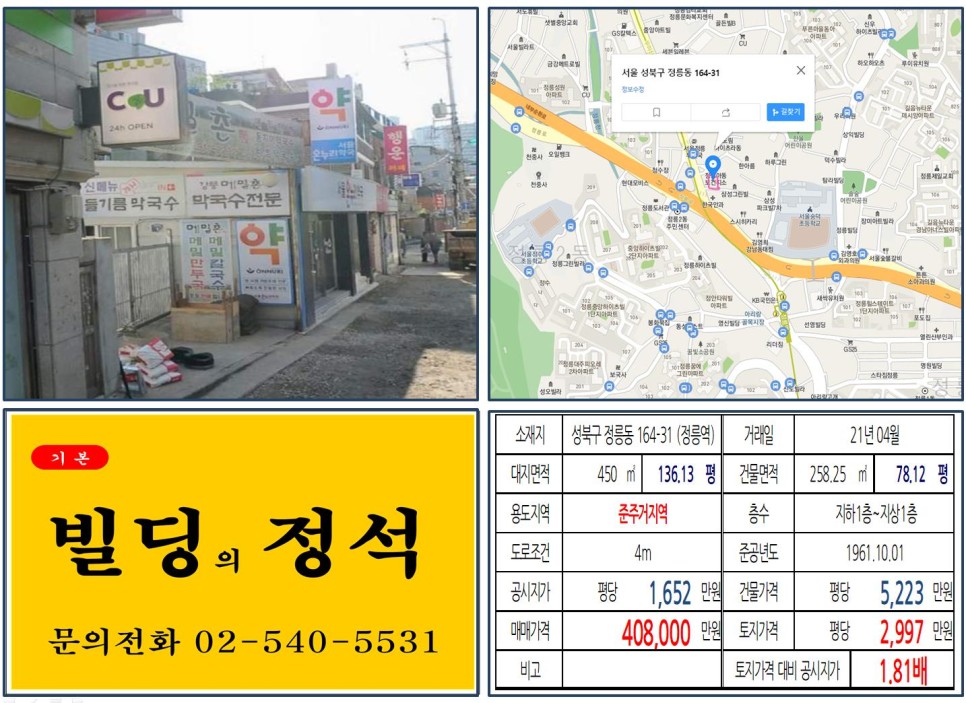  [성북구 준주거지역 40억 신축부지 실거래가 조회] 정릉동 164-31 (정릉역) 40억 8,000만 원, 평당 2,997만 원 매매되었습니다.