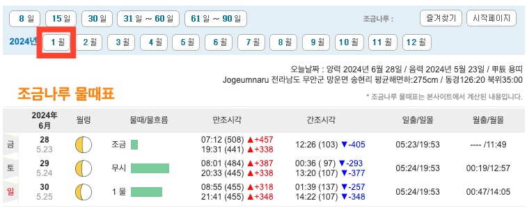 무안 1월 물때 시간표