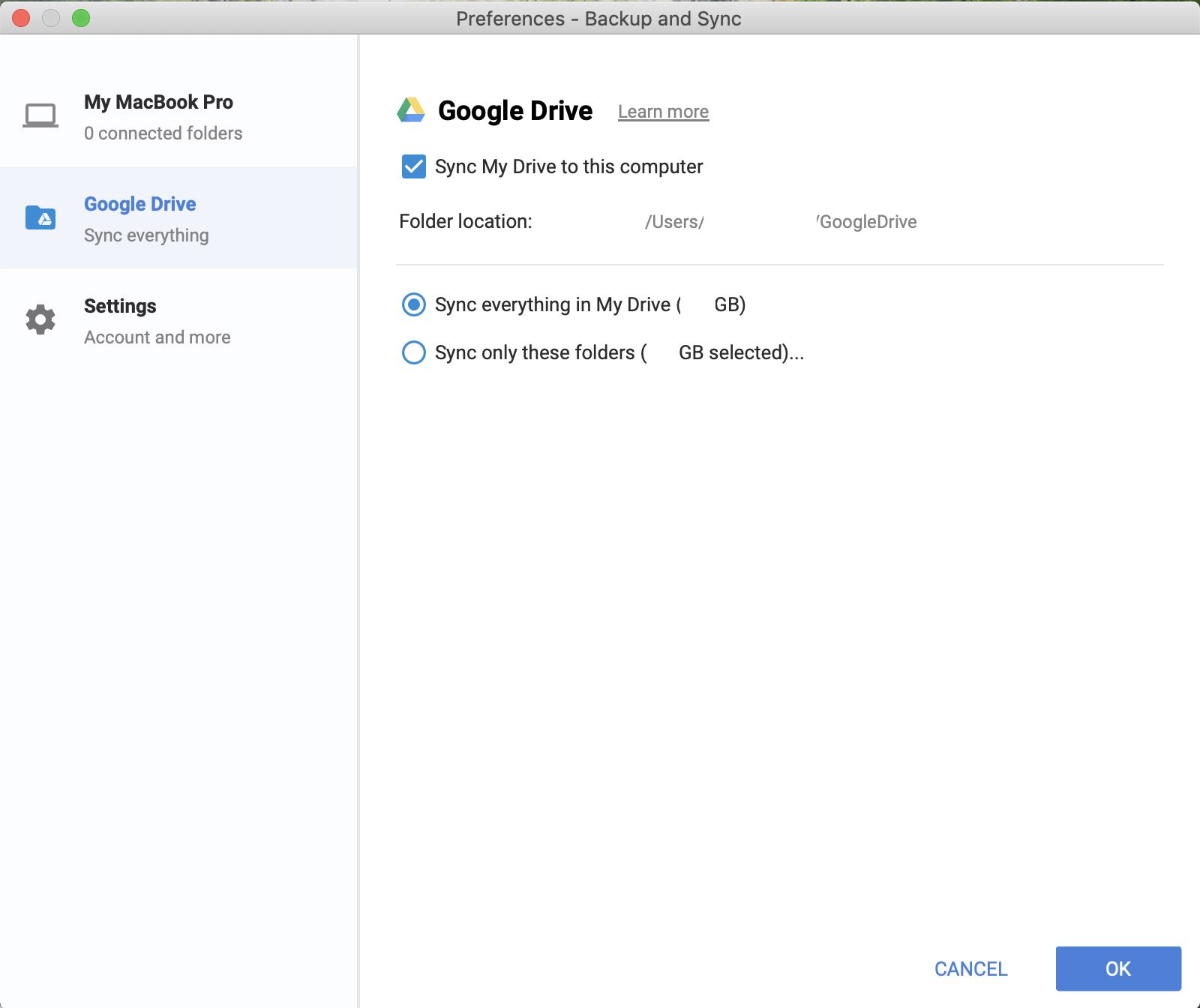screenshot of preferences for Google drive desktop application, showing Google Drive tab