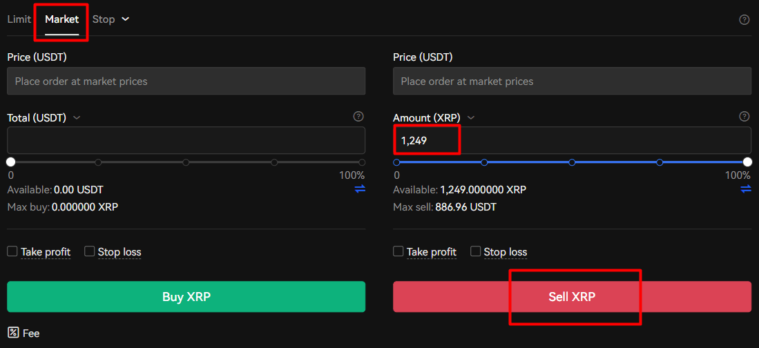 XRP/USDT 마켓에서 리플 1249개를 시장가 매도하는 사진