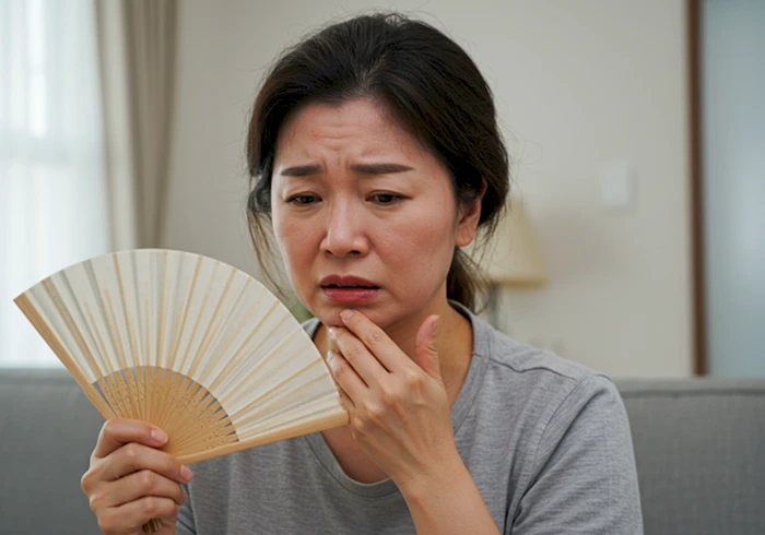 갱년기 여성이 안면홍조로 얼굴을 붉히며 괴로워하는 모습. 실내 배경.