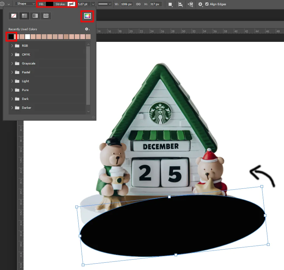 어도비 포토샵에서 타원을 넣은 후 색을 입히는 모습
