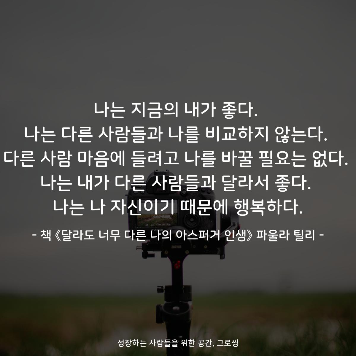 나는 지금의 내가 좋다.
나는 다른 사람들과 나를 비교하지 않는다.
다른 사람 마음에 들려고 나를 바꿀 필요는 없다.
나는 내가 다른 사람들과 달라서 좋다.
나는 나 자신이기 때문에 행복하다.