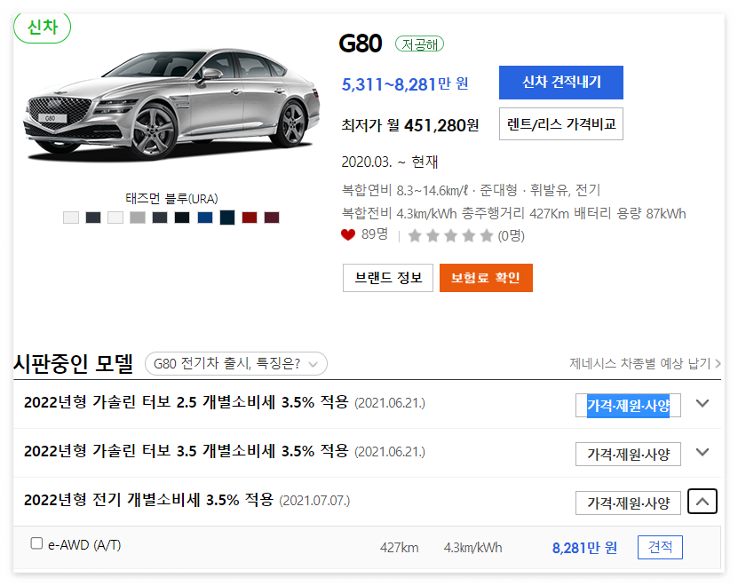 2022년형 제네시스 G80 전기차 가격표