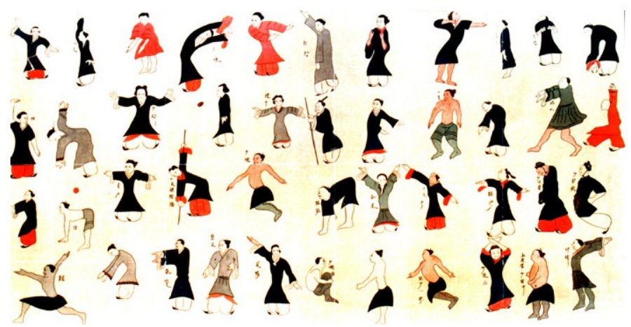 중국의 고대 삼국시대에 명의 화타가 만들었다는 체조법인 오금희를 표현하는 그림을 찍은 사진