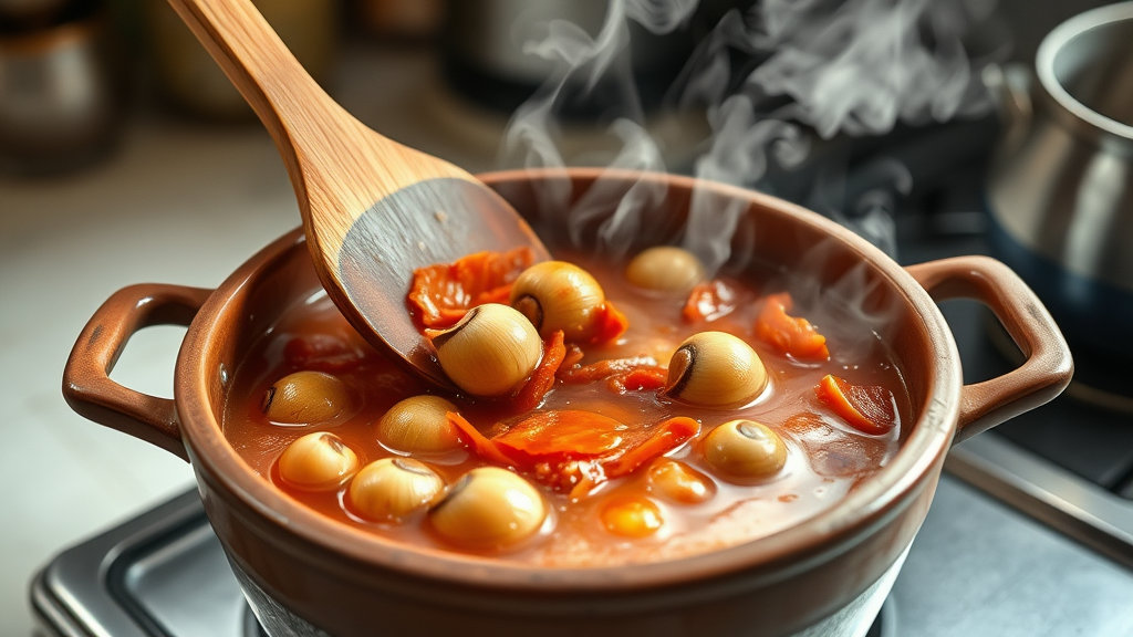 끓고 있는 골뱅이김치찜을 주걱이나 숟가락으로 조심스럽게 위아래를 뒤집어주는 모습.
