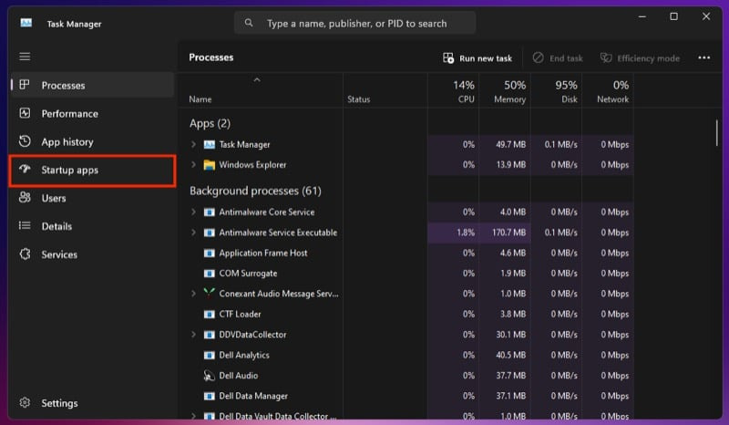 윈도우 태스크 매니저의 시작 앱 설정