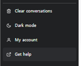챗GPT 페이지 왼쪽 아래의 메뉴에서 &#39;Get help&#39;를 클릭합니다.