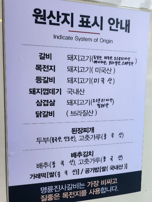 명륜진사갈비 원산지표시