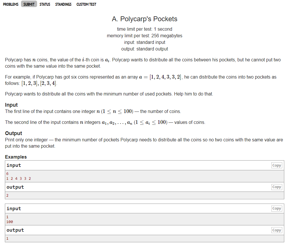  [Codeforces]  1003A: Polycarp's Pockets