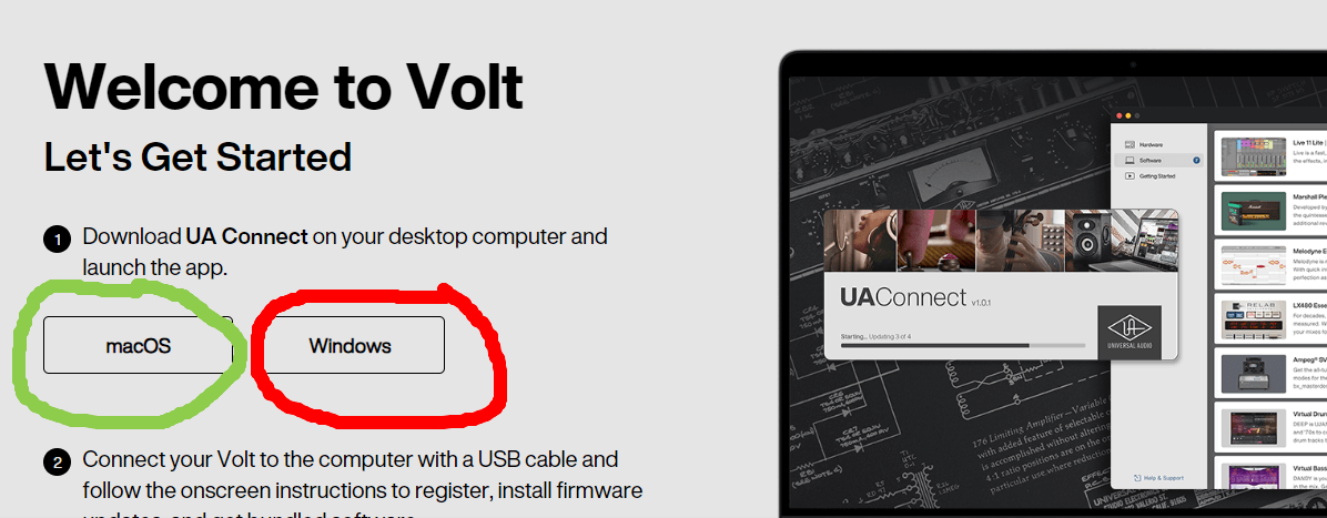 UA Volt2 드라이버 다운로드 화면