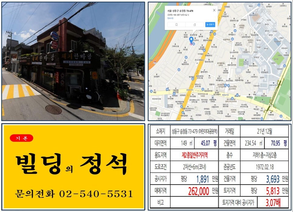  [성동구 화양사거리 20억 꼬마빌딩 실거래가 조회] 송정동 73-479 (어린이대공원역) 26억 2,000만 원, 평당 5,813만 원 매매되었습니다.