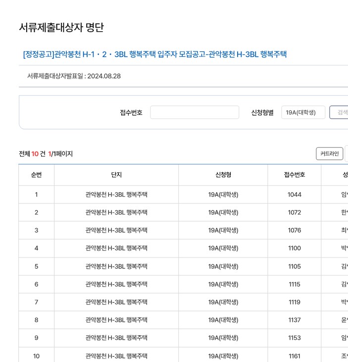 관악봉천 H3 행복주택 19A 대학생 서류제출대상자 명단