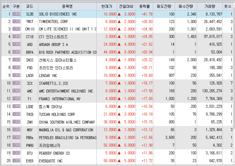  2월23일 미국주식 상승률 상위 종목 TOP 300