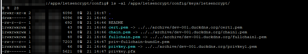 생성된 인증서 확인(keys/letsencrypt)