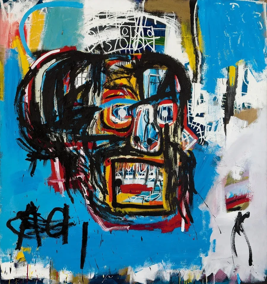 바스키아의 그림, 그래피티의 일종으로 벽에 사람 얼굴로 보이는 그림이 검은색, 빨간색, 하얀색, 노란색 등의 선으로 그려져 있음