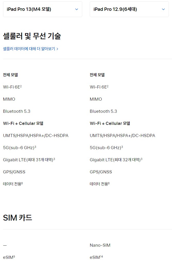 아이패드 프로 13 M4와 12.9 (6세대) 셀룰러 및 무선 기술 차이점