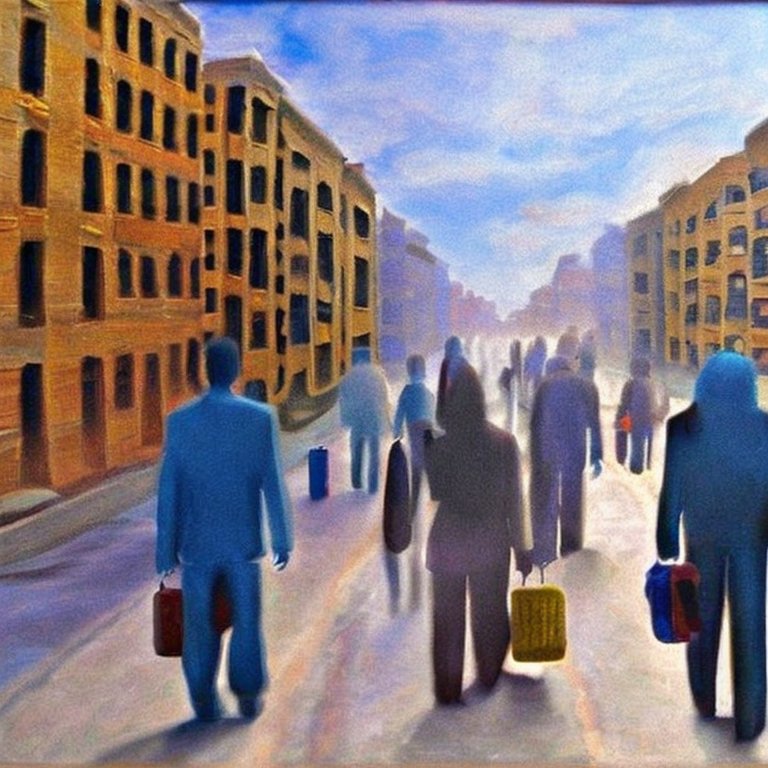 Painting of people going to work