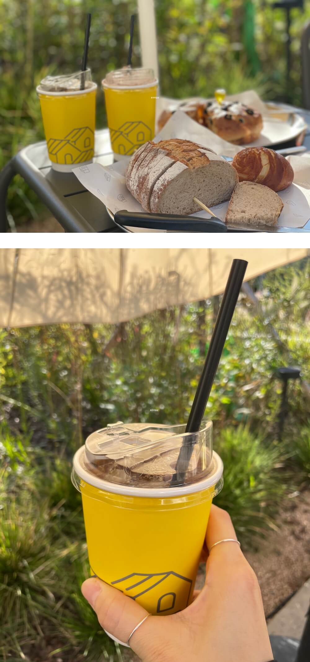카페 어 로프 슬라이스 피스 - 탁자 위 놓인 커피와 빵